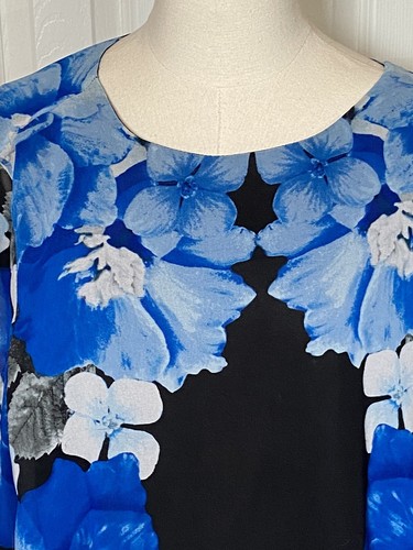 Calvin Klein Plus Size Top Balloon Sleeve Blue Black Floral Sheer Blouse 0X - Picture 2 of 10