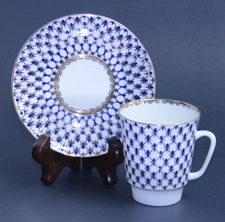 Lomonosov Russian "Cobalt Net" Blue St. Petersburg Porcelain Tea Cup & Saucer
