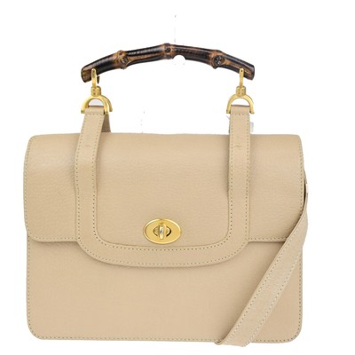 GUCCI Logo Bamboo 2Way Shoulder Hand Bag Leather Beige GHW Italy 