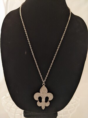 Fleur De Lis Silver Tone Pendant On Long Chain