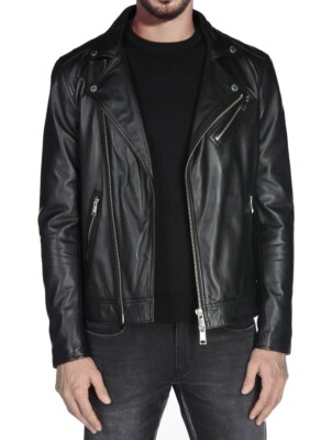 Men's Leather Jacket Biker Motorcycle Genuine Lambskin Black