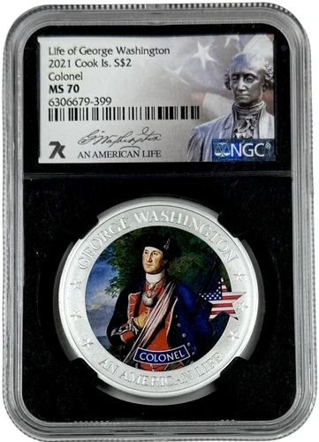 2021 Cook Islands Silver $2 Life of George Washington Colonel NGC MS 70 7k Card