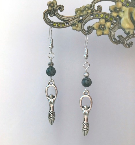 Earth Mother Goddess Charm Snowflake Obsidian Dangly Earrings - Pagan Celt Wicca - Picture 4 of 5