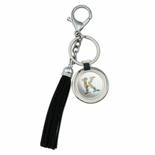 Letter K Floral Monogram Initial Chrome Round Leather Tassel Keychain