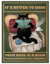 NOSE IN BOOK CAT Retro Look Metal Sign Kitchen BATHROOM Cave A5 A4