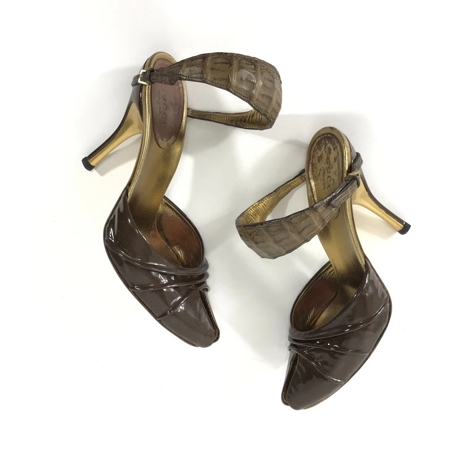 Винтажные женские туфли Gucci 5,5-6 36 C коричневые каблуки лакированная кожа страус дизайнерские - Изображение 3 из 4