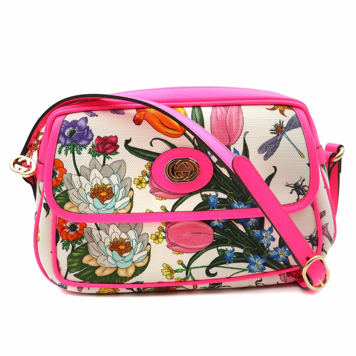 Gucci Canvas Flora Floral White Fuchsia Fluo Small Cross-body Bag