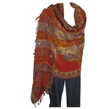 Yak/Sheep Wool Blend Stitched Embroidery Shawl Handcrafted Nepal  Red  Sand