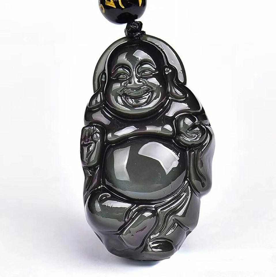 Collar Colgante Amuleto Buda Feliz Cristal Obsidiana Arco Iris con Cadena de Cuentas Foto 4 de 4