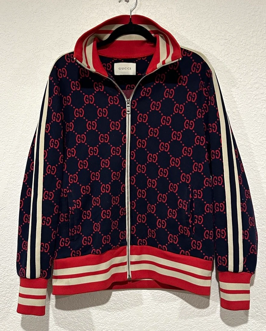 Gucci Men's L Cotton GG Logo Print Full Zip Stand-Up Collar Jacket Navy Red - product detail image 1