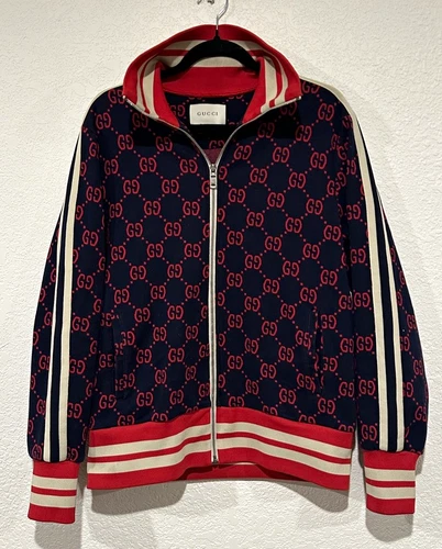 Gucci Men's L Cotton GG Logo Print Full Zip Stand-Up Collar Jacket Navy Red video thumbnail