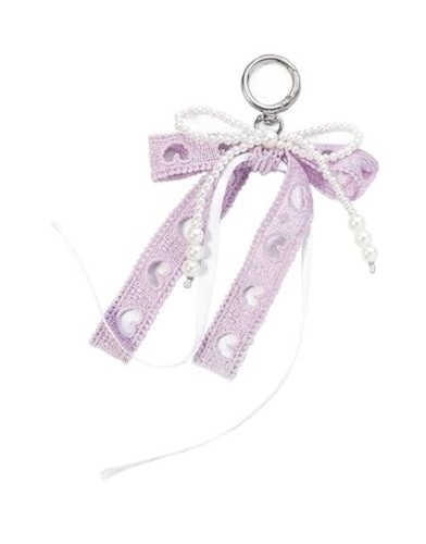 Cute Silk Ribbon Bow Knot Stars Charms Keychain Y2K Pearl Key Ring for Purple