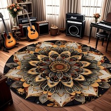 Golden Floral Round Mat, High-Definition Printed Double-Locked Edge Bathroom Gam