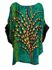 Bob Mackie Wearable Art 100 Silk Tunic Top Size L Wheat Print Blouse Lagenlook