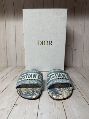 Christian Dior Canvas TDJ Palm Embroidered Dway Slide Sandals Blue