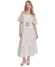 Eliza J Off-The-Shoulder Belted Midi Dress Women's 8 Ivy Ruffle Back Zip Closure