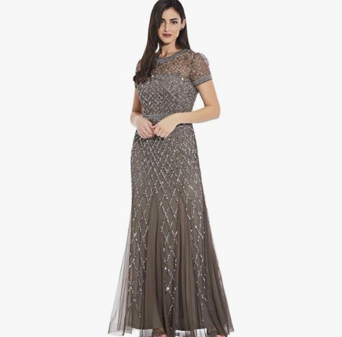 NWT Adrianna Papell Women's Short-Sleeve Grid Beaded Gown size 8