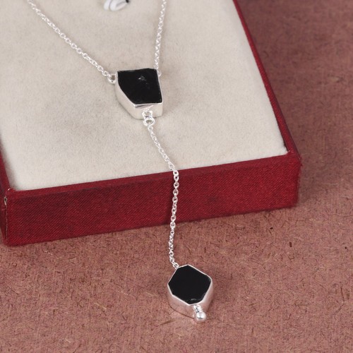 Beautiful Delicate 925 Sterling Silver Black Onyx Lariat Y Drop Chain Necklace - Picture 3 of 8