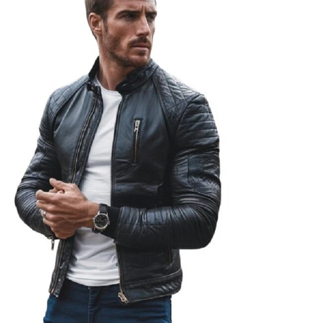 Leather Jacket Men's Vintage Biker Motorcycle Bomber Men Racer Soft Zip Black 13 - product detail image 1