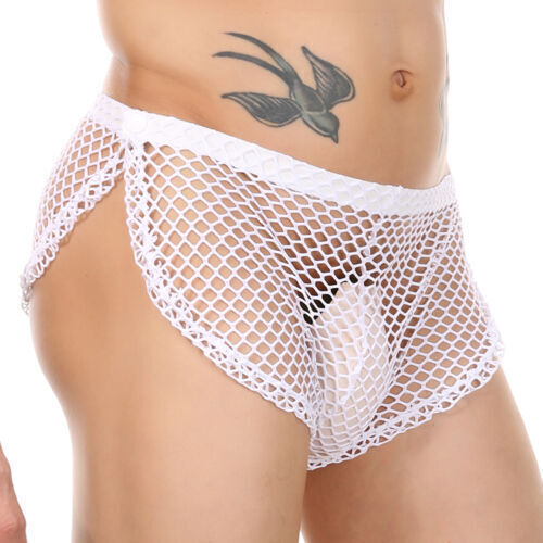 Slip boxer da uomo vedi attraverso pantaloncini biancheria intima sexy con bottoni rete da pesca mutande - Foto 3 di 20
