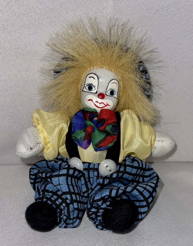 Harlequin Clown Doll Porcelain Head & Sand/Bean Bag Body - Blue Plaid Suspenders