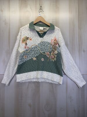 Vintage 80s Knotty Knit Floral Beaded Grandmacore Sweater Womens