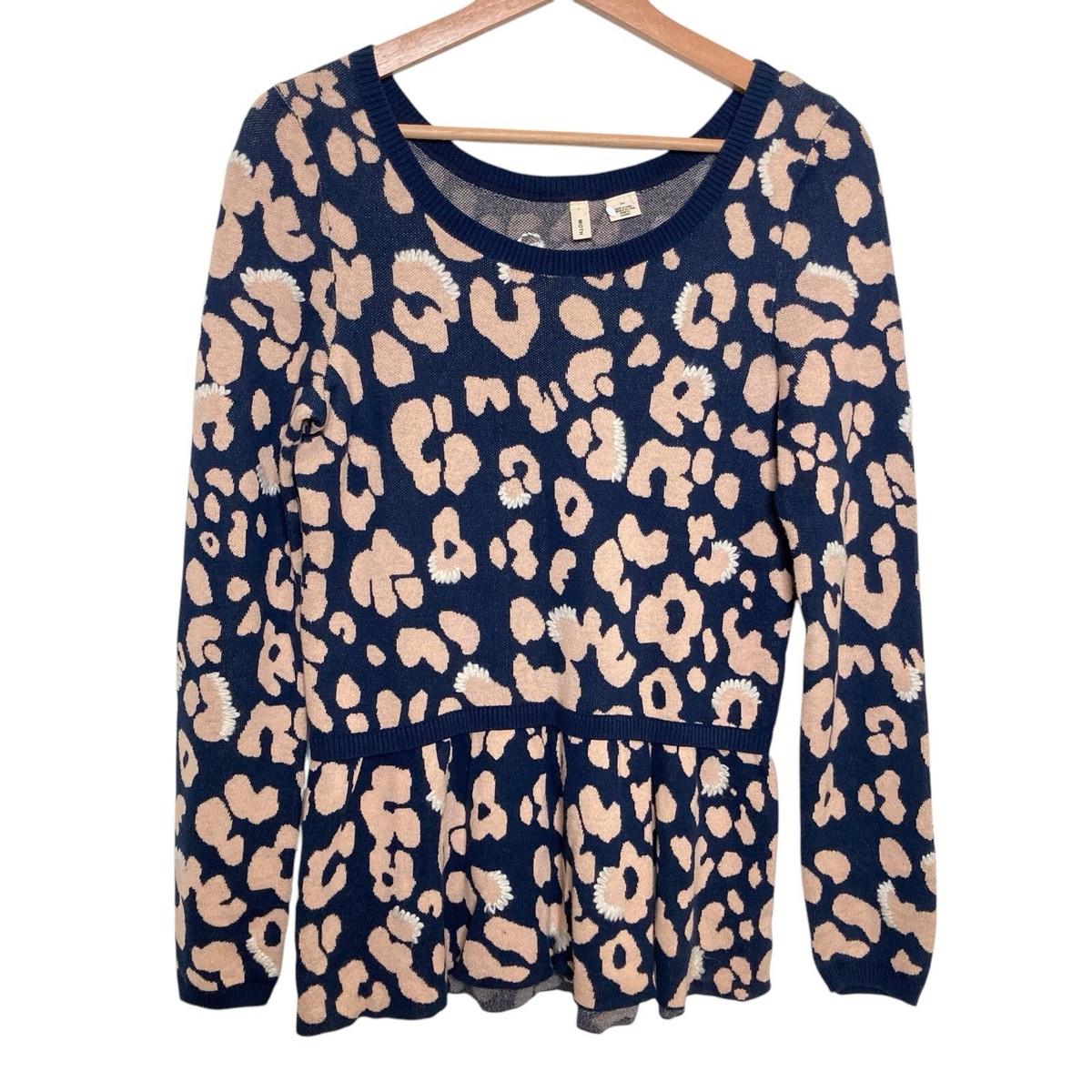 Anthropologie Moth Leopard Peplum Sweater Top Size Small Navy