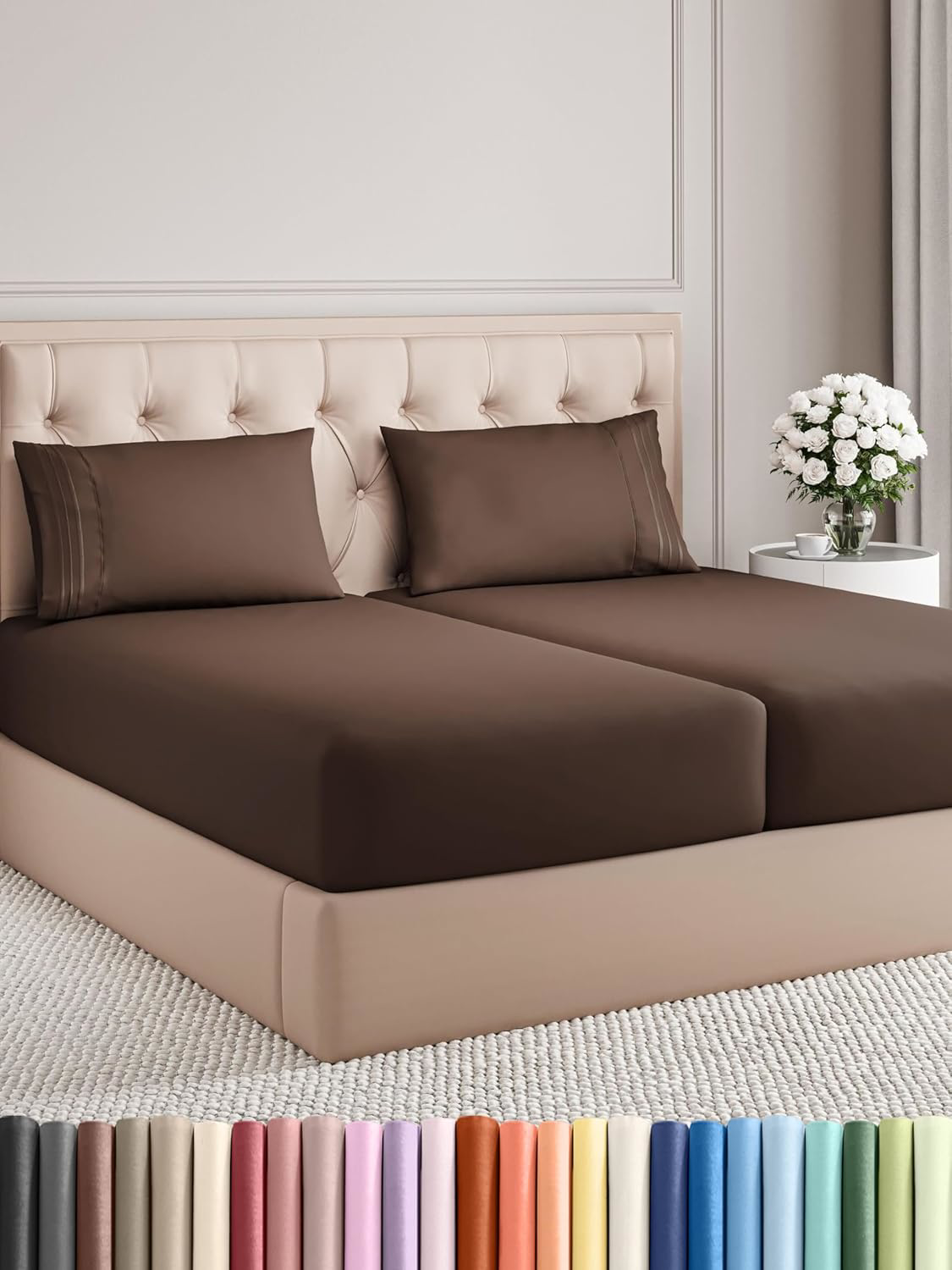 Split King Cooling Bed Sheet Set - Soft, Wrinkle-Free, Brown, 5-Piece