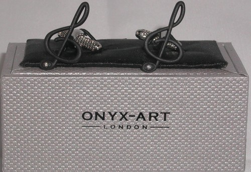 Black Treble Clef crystal foot silver-plated torpedo cufflinks in padded gift bo - Picture 2 of 3