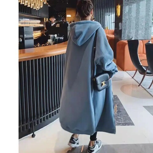 Hooded Sweatshirt Winter Fleece Loose Long Sleeve Zipper Hooded Cardigan Coat - Imagen 14 de 18