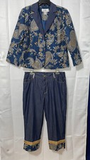 Vintage Erin London 2pc Set Blue Gold Brocade Jacket And Capri Pants Sz PM