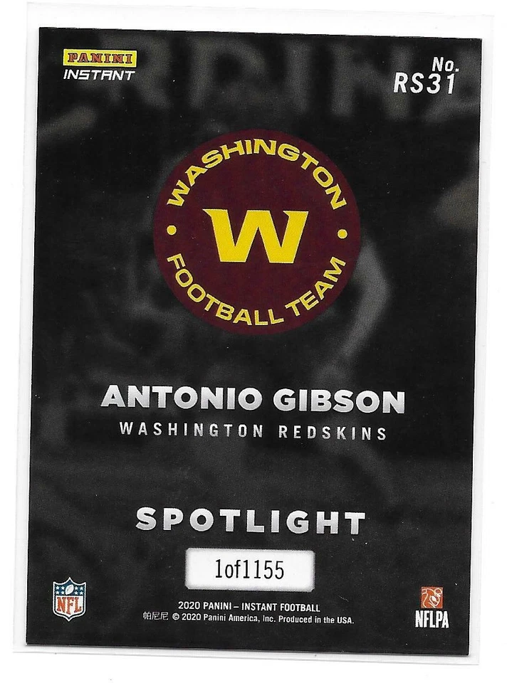 2020 Panini Instant NFL Antonio Gibson Rookie Spotlight Rookie Card /1155 - Image 2 of 2