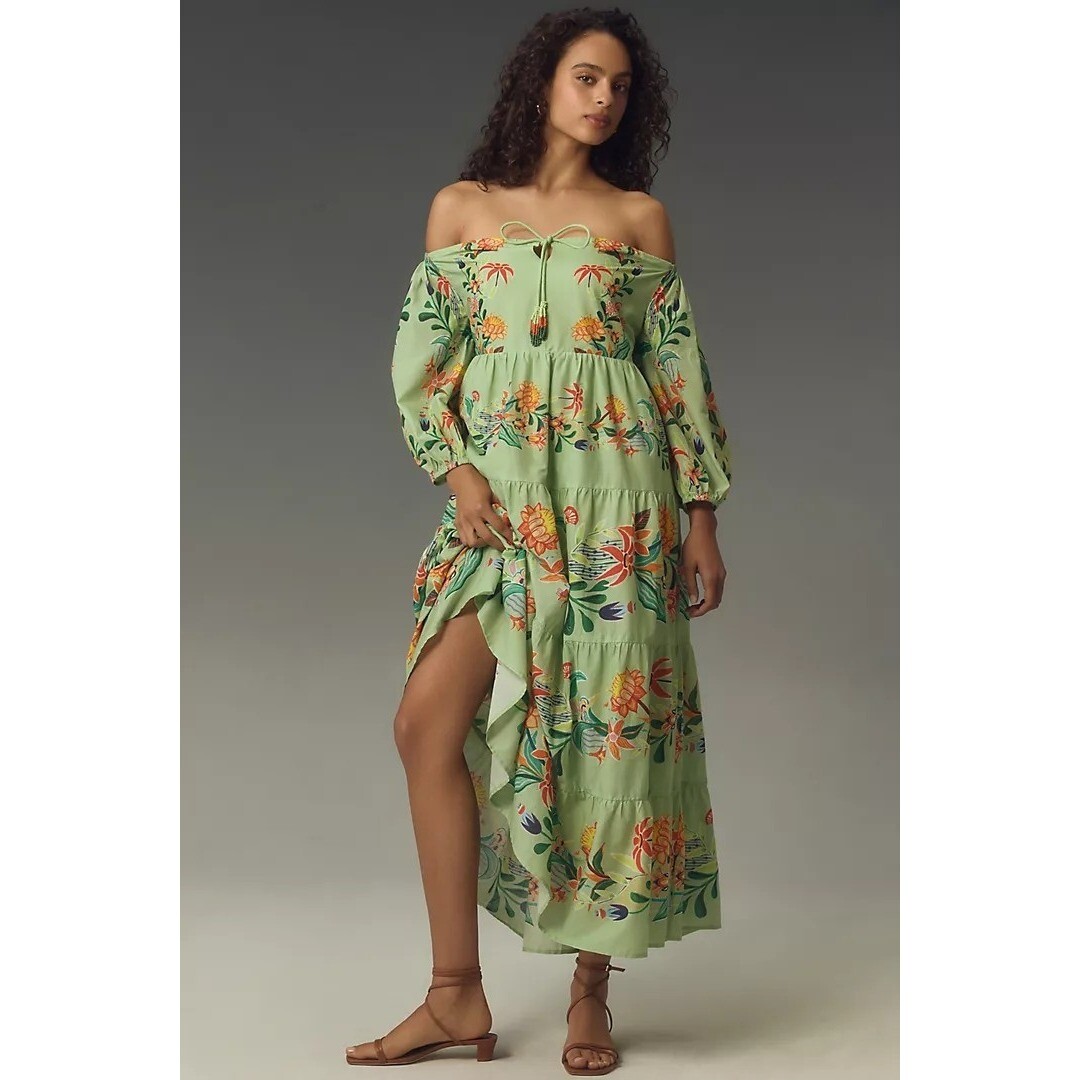 farm rio floral tiered midi dress Farm Rio Strapless Maxi Dress in Florart Sand L