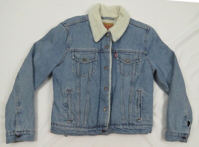 Levi Strauss Denim Jean Sherpa Lined Trucker Blue Womens Full Snap Coat Jacket M
