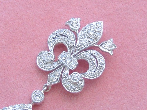 EDWARDIAN STYLE 4.2ct GREEN TOURMALINE 1.15ctw DIAMOND FLEUR DE LIS DROP PENDANT - Picture 5 of 12