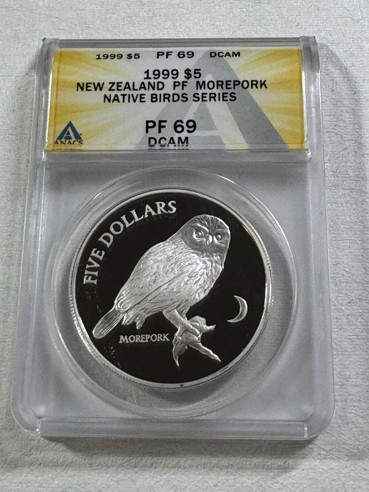 Moneda de prueba de plata de $5 de Nueva Zelanda 1999 Morepork Owl graduada PR 69 DCAM por ANACS Foto 2 de 4