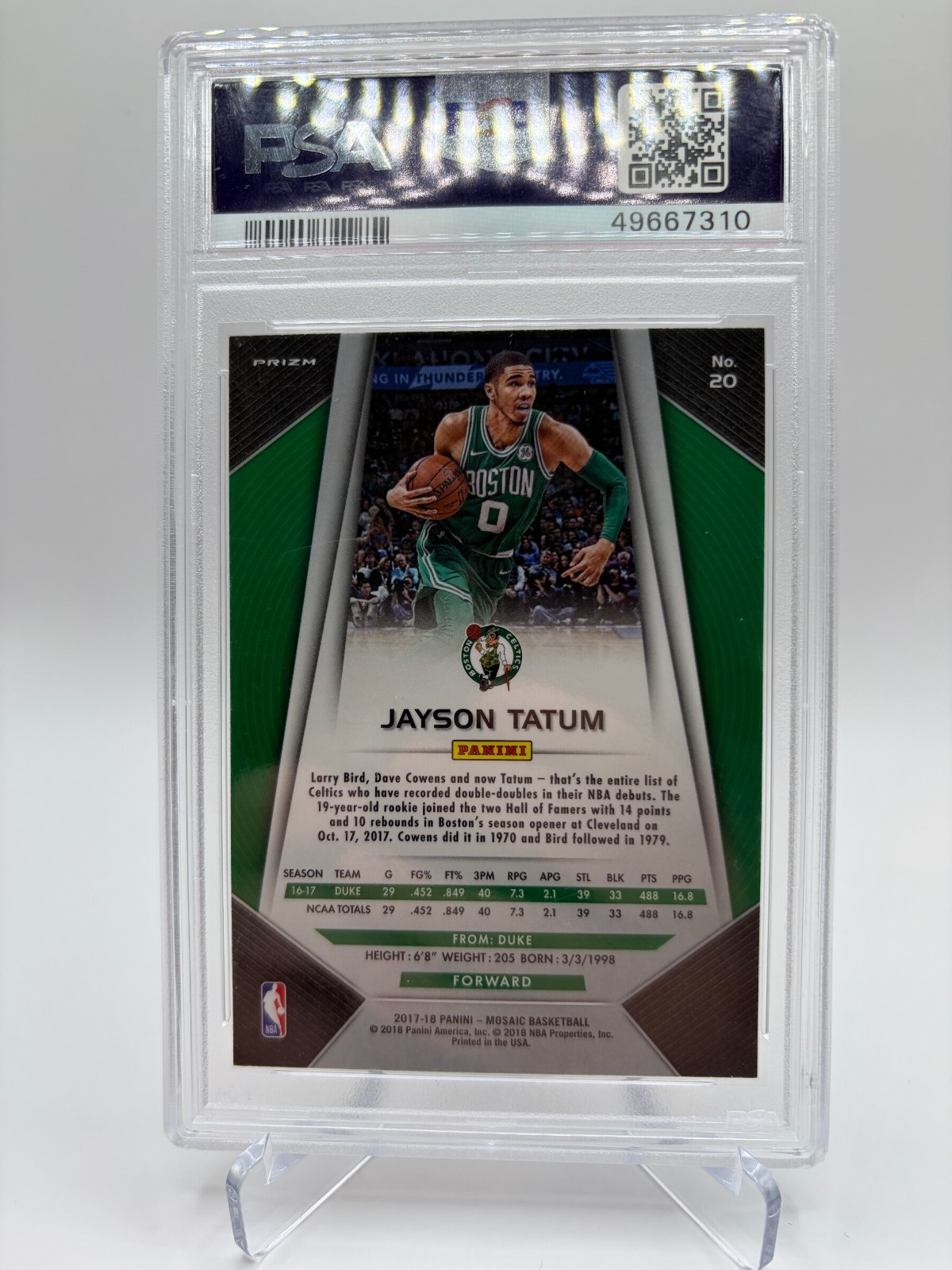 2017 Panini Prizm Jayson Tatum Rookie Red Mosaic PSA 9 view 2