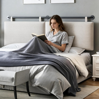 Beige King Wall Mounted Headboard with Linen Upholstery for Bedroom