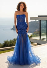 Long Blue Fit and Flare Embroidered Beaded Lace Sheer Skirt Prom Dress Size 18