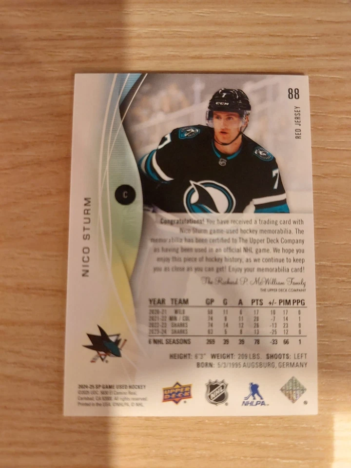 Nico Sturm Jersey Patch SP Game Used Red 2024-2025 88 San Jose Sharks - Image 2 of 2