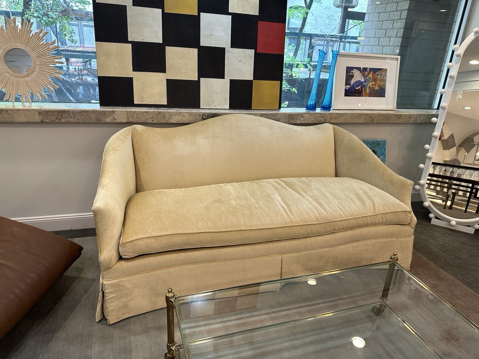 Beige Camelback Sofa with Classic Round Arms, Traditional 2-Seater Fabric