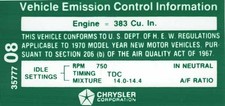 1970 Mopar 383-4v After 170 With Manual Transmission Emission Decal - Oe 1970 Mopar 383-4v After 170 With Manual Transmission Emission Decal - Oe