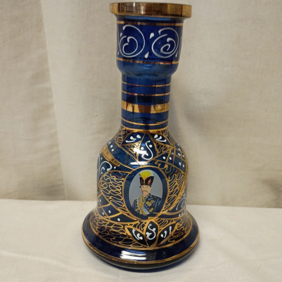 Antique Glass Blue Persian Hookah Base with Portrait. Extremely Rare. - Image 3 of 4