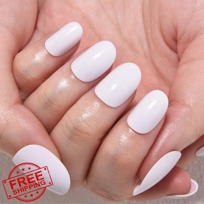 evpct White Glossy Oval Press On Nails, Medium, Soft Gel, 24PCS