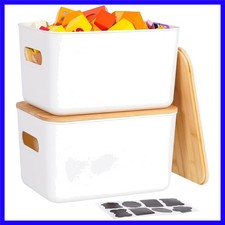 Set of 2 Stackable Storage Bins with Bamboo Lids, 7QT Containers for Easy Access