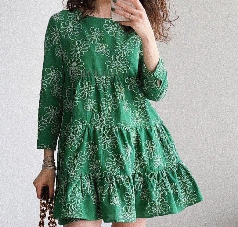 ZARA GREEN DIANA FLORAL EMBROIDERED RUFFLED FRILLED VOLUMINOUS HEM SWING  DRESS | eBay