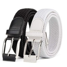 2 Pieces Braided Woven Elastic Stretch Canvas Belts for Men Women Black white
