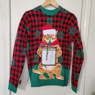 Celebrate Together Ugly Christmas Sweater Men's Size Small Red Orange Cat