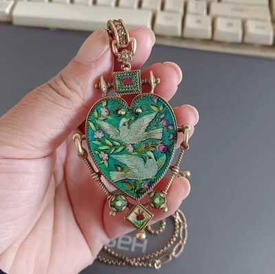 #ad #ad Vintage European Heart Enamel Necklace Unique Dove Inlay Retro Pendant Jewelry $19.98