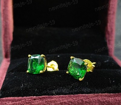 4 Ct Cushion Cut Simulated Green Emerald Stud Earrings 14K Yellow Gold Plated